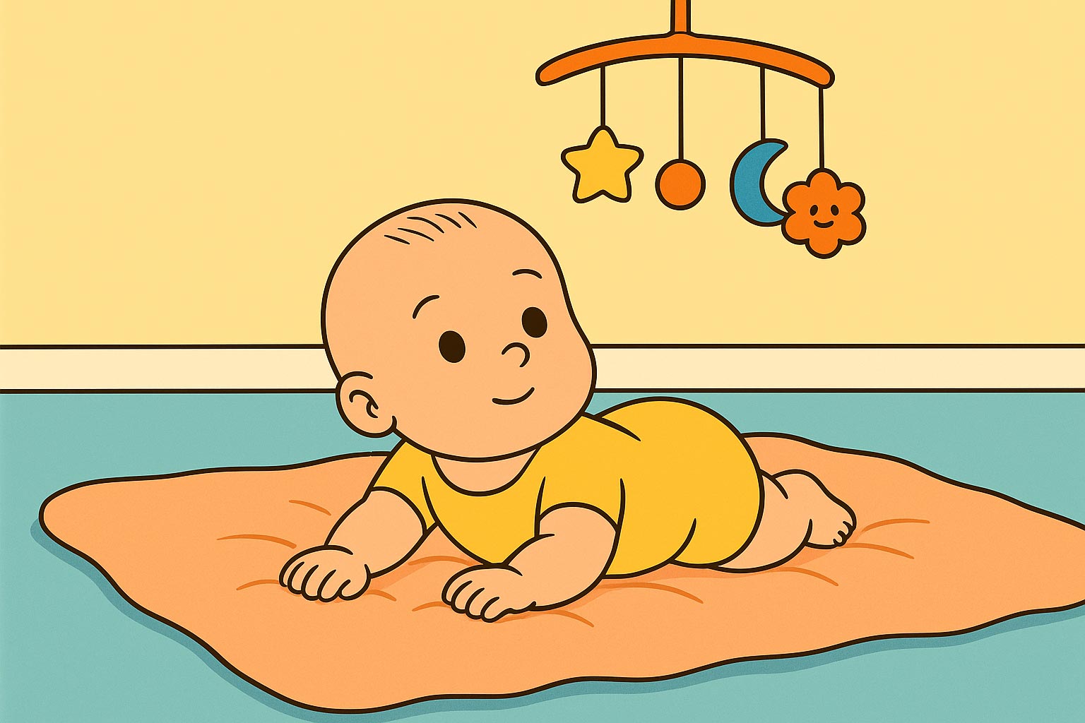 Bebé pequeño de tres meses boca abajo levantando la cabeza, en una alfombra suave, con un móvil sobre él. Desarrollo de cuello y primera interacción visual.