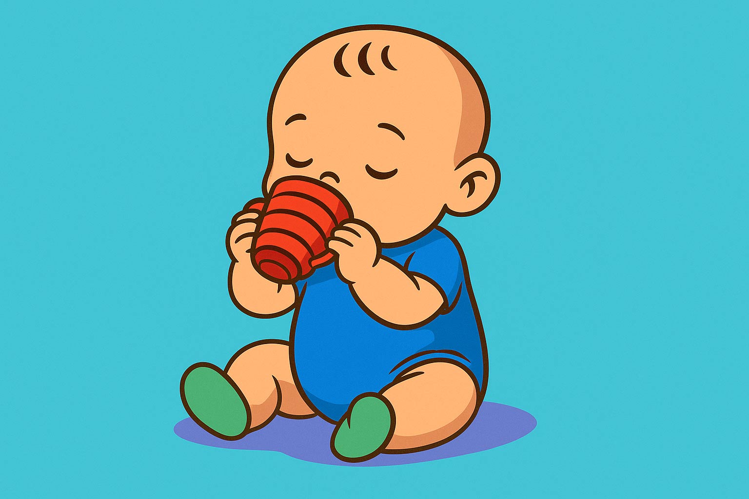 Bebé de 10 meses simulando beber de una taza de juguete de madera