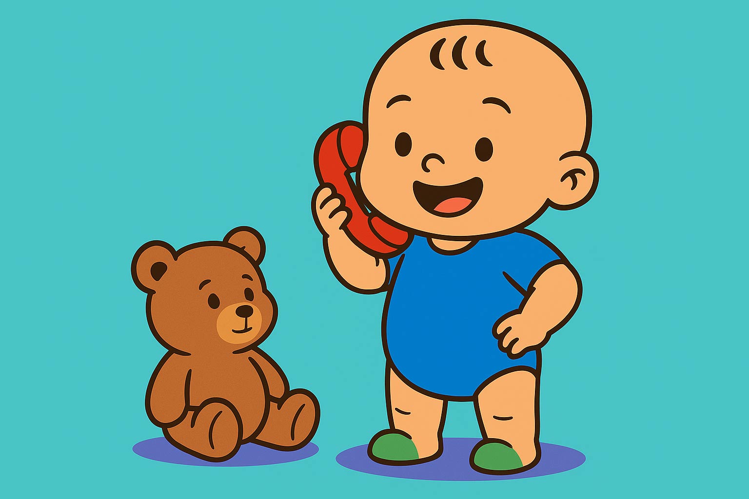 Bebé de 18 meses con un teléfono de juguete en la oreja, sonriendo.