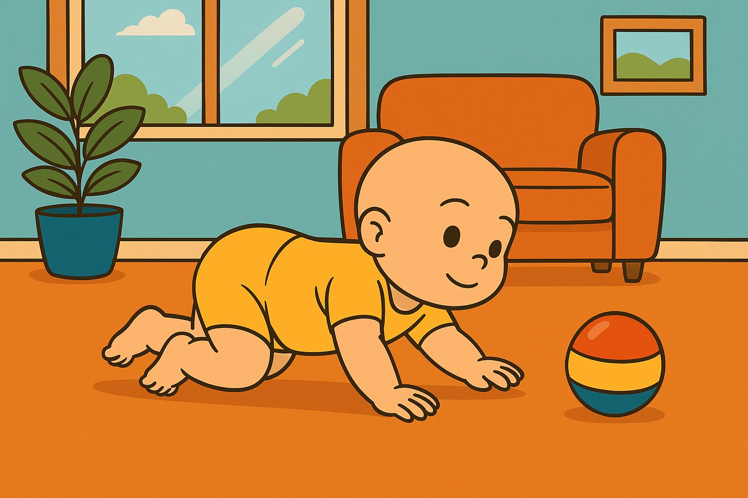 Bebé de ocho meses gateando con determinación por el suelo hacia un juguete de colores, en una habitación luminosa. Fase de movilidad independiente y exploración.