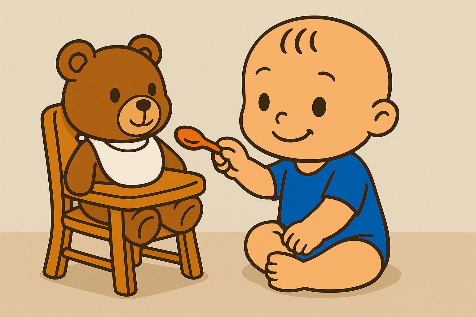 Bebé dando de comer a un peluche con una cuchara de juguete.