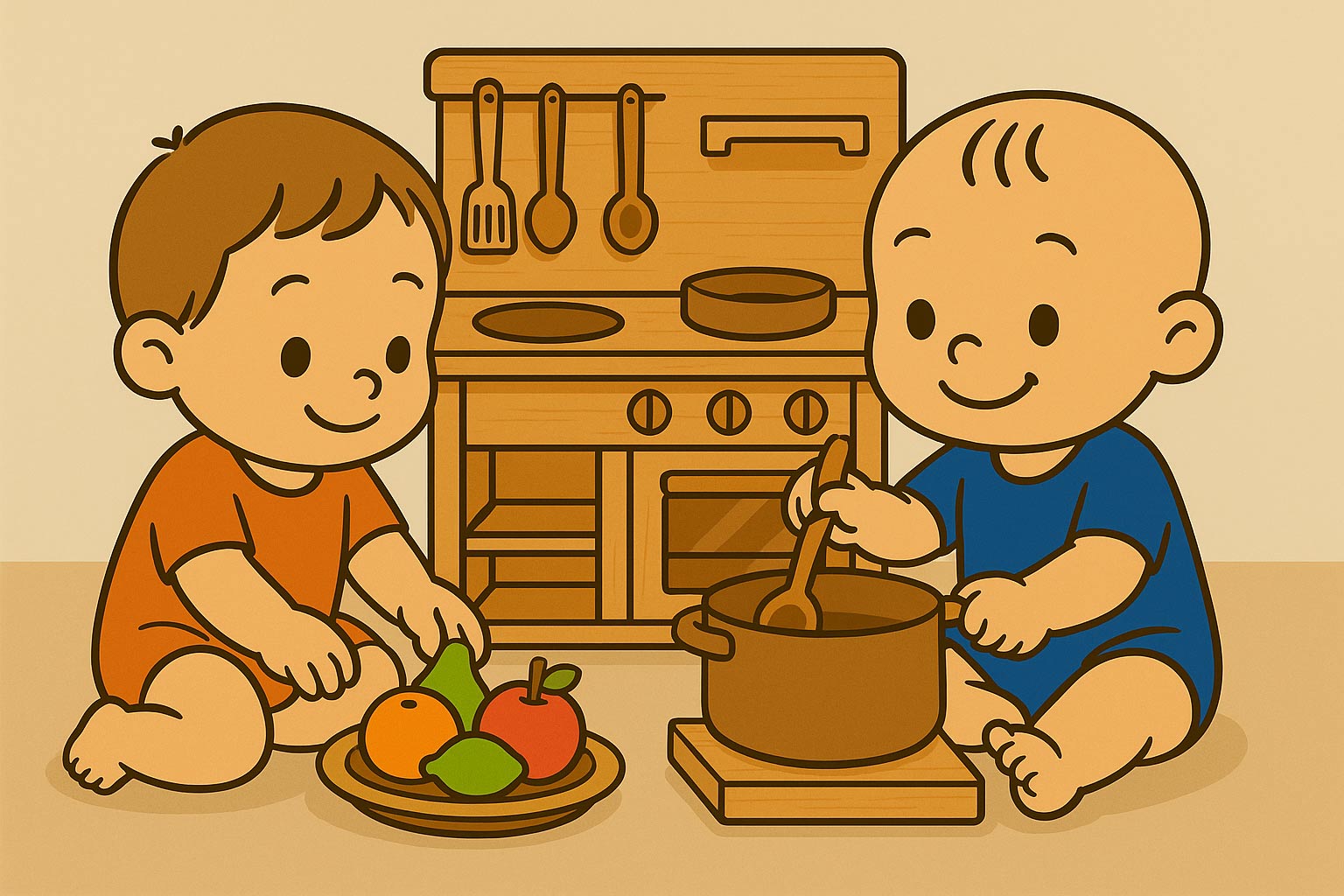 Dos bebés jugando juntos en una cocinita de juguete.