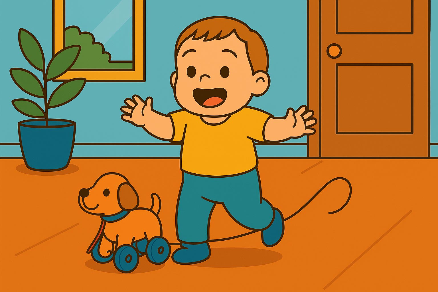 Niño de dieciséis meses caminando solo con un juguete de arrastre en la mano, en un entorno seguro. Desarrollo de la marcha y exploración activa del entorno.