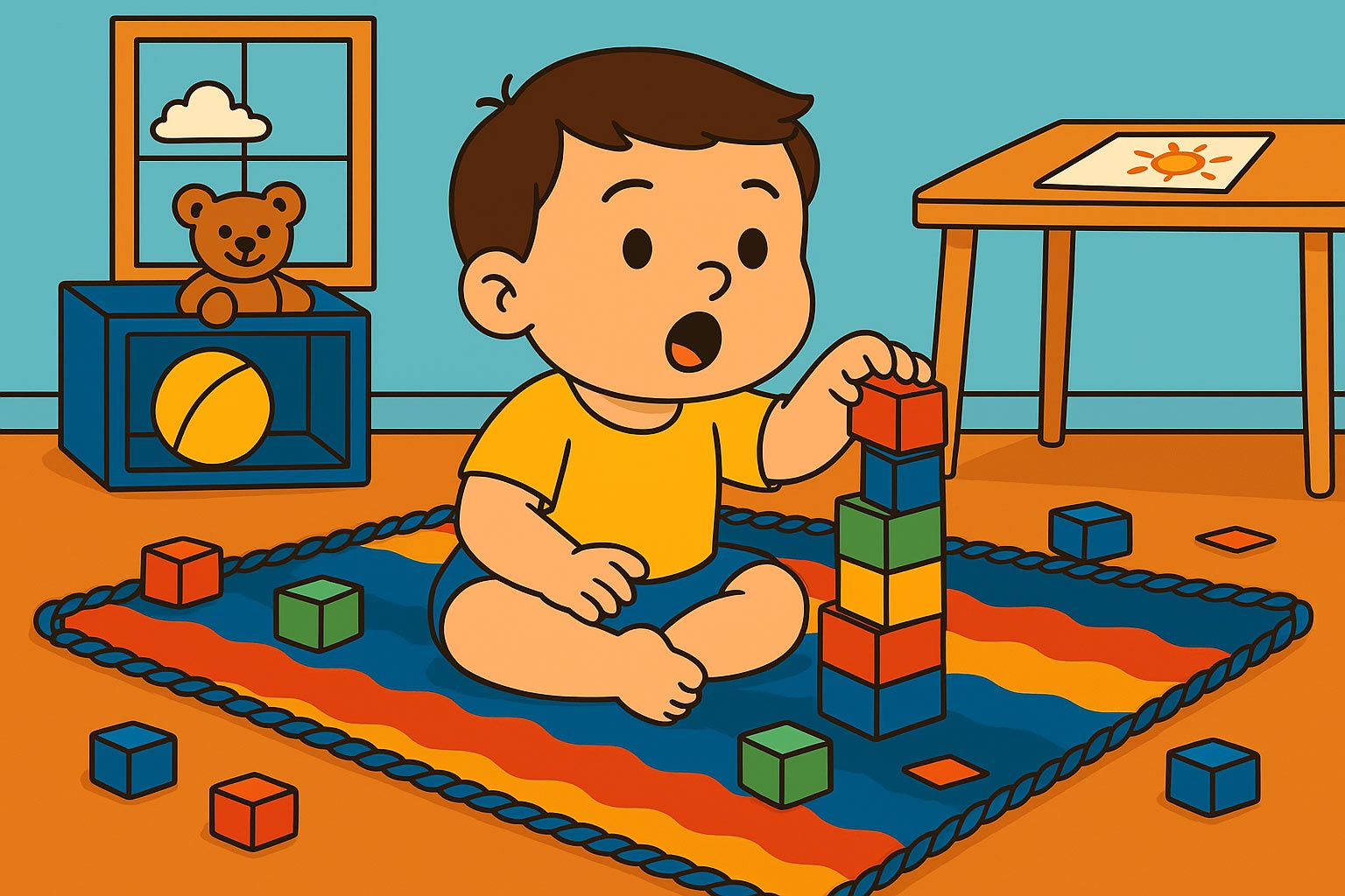 Niño de veintidós meses concentrado construyendo una torre de bloques sobre una alfombra, en actitud de juego simbólico. Desarrollo de motricidad fina y lenguaje.