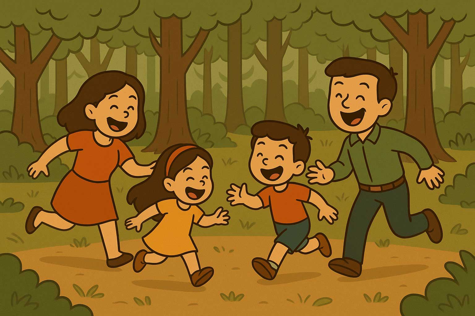 familia jugando al pilla-pilla en el bosque