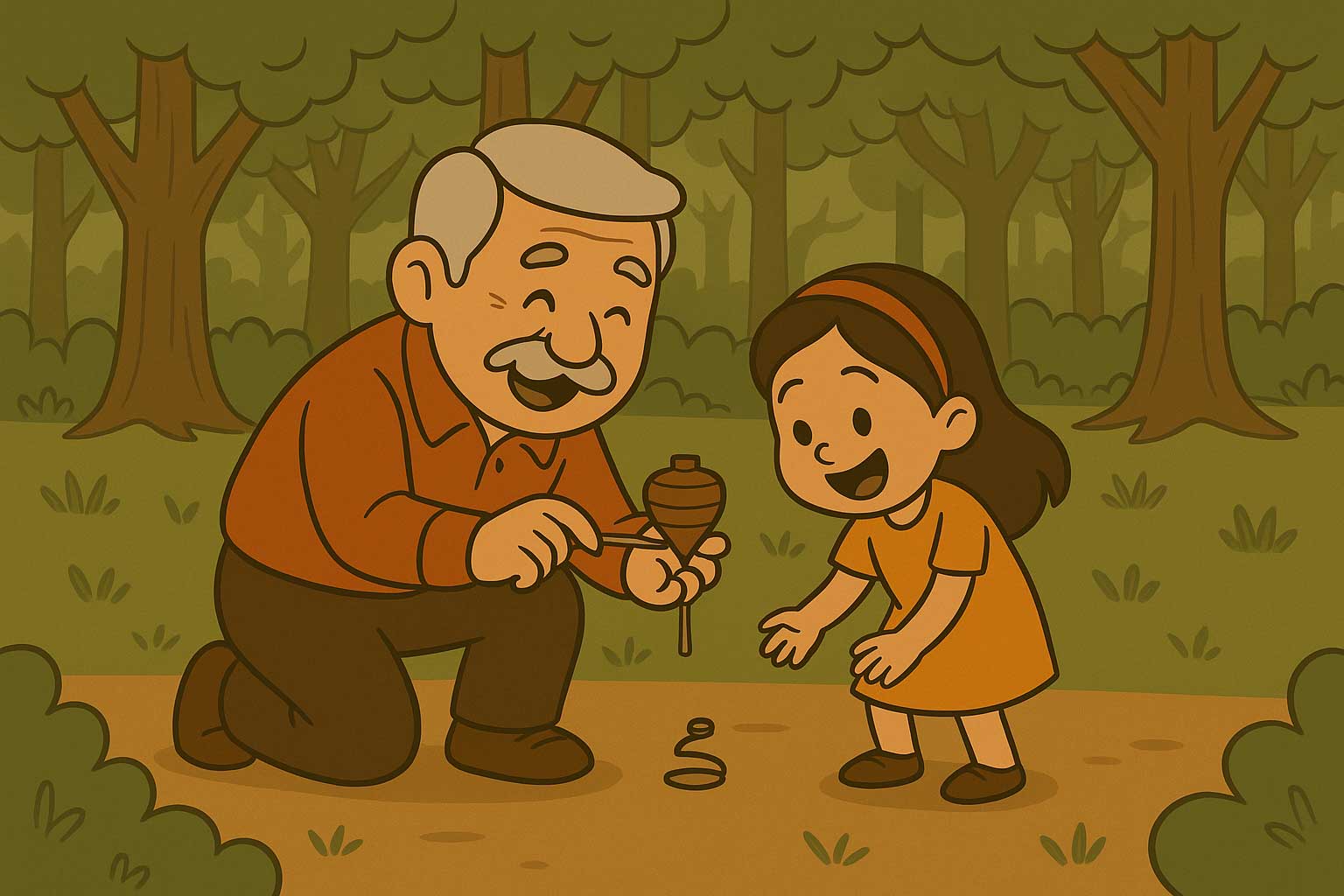 abuelo enseñando como lanzar peonza a nieta